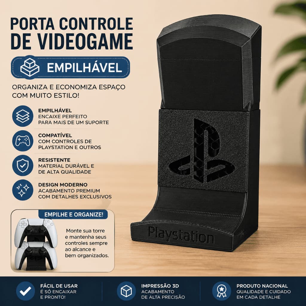 Suporte Organizador Empilhável Controle Videogame PS4/PS5 - Fixação 3M ou Parafuso (não acompanha)
