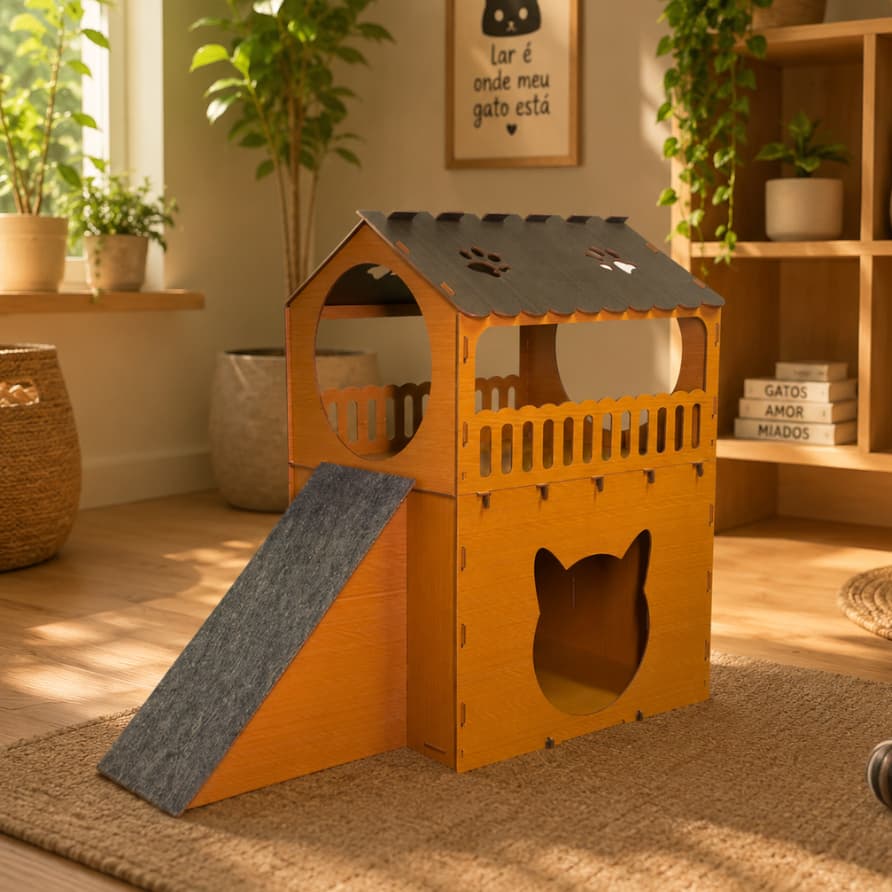 Toca para Gatos Casa 2 Andares Rampa Gatinho Arranhador Brinquedo Casinha de Gato Playground em MDF