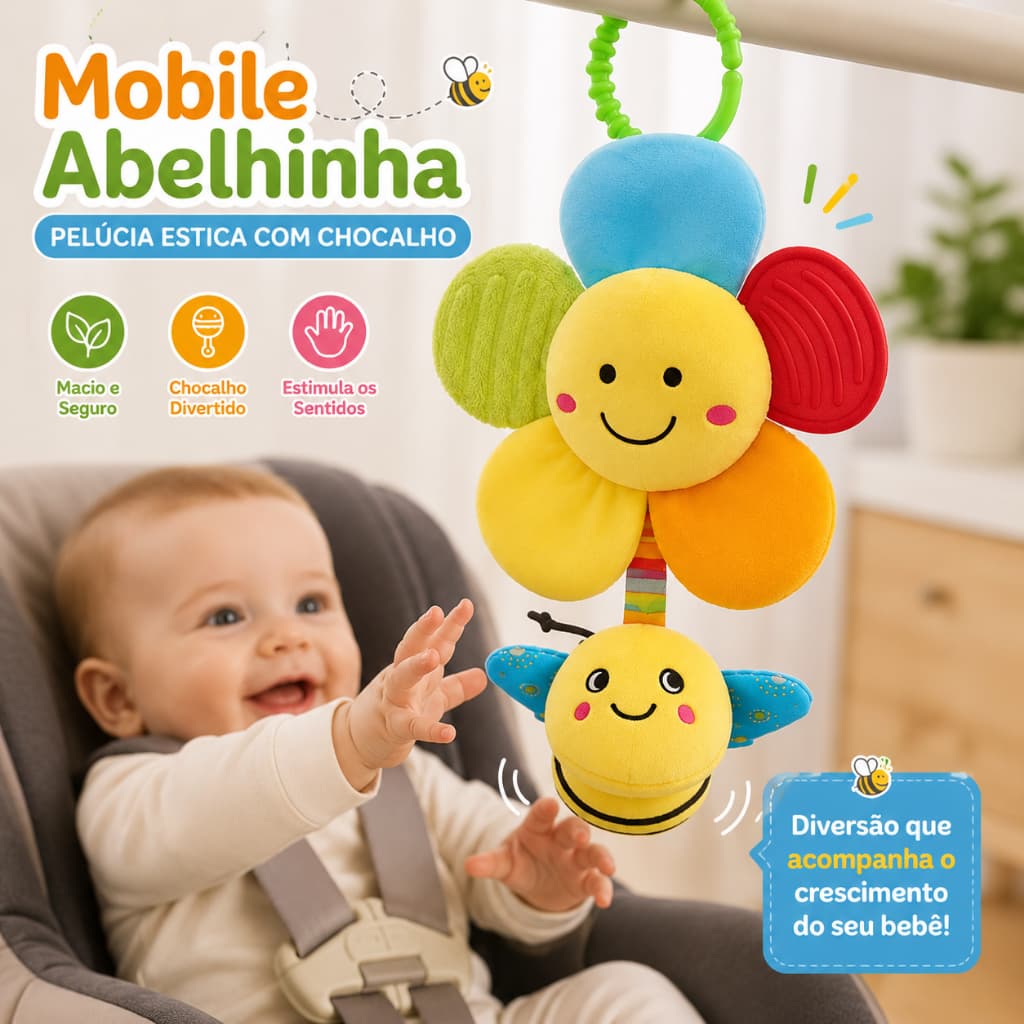 Brinquedo Bebê Mobile Abelhinha Pelúcia Estica, Chocalho e Mordedor Brinquedo Sensorial