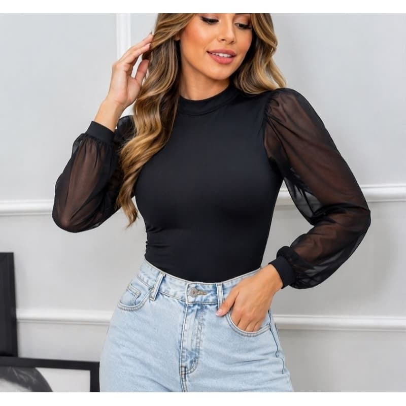 Body Feminino Manga Longa Tule Transparente Suplex Premium Gola Alta Elegante Casual Moda Feminina