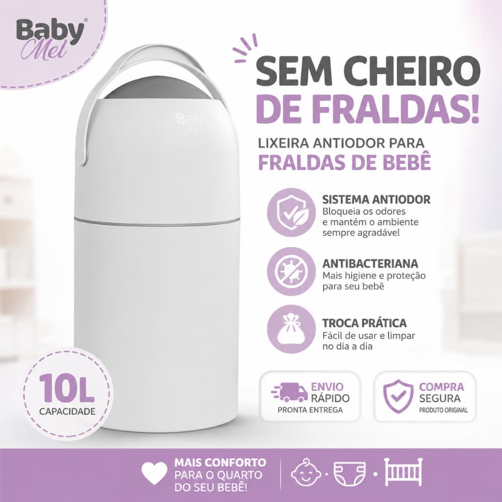Lixeira Para Fraldas Bebê 10L Antiodor Baby Mel Até 20 Fraldas Sem Cheiro Quarto Infantil