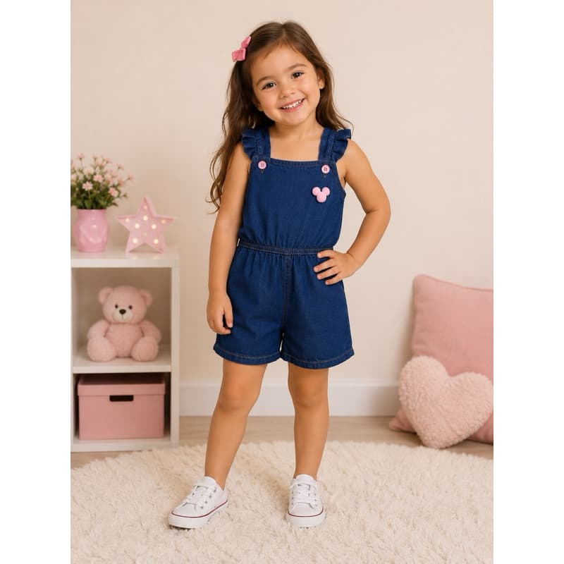 Macacão Jeans Infantil Feminino Jardineira Curta 1 a 5Anos Alça Ajustável com Bolsos Confortável
