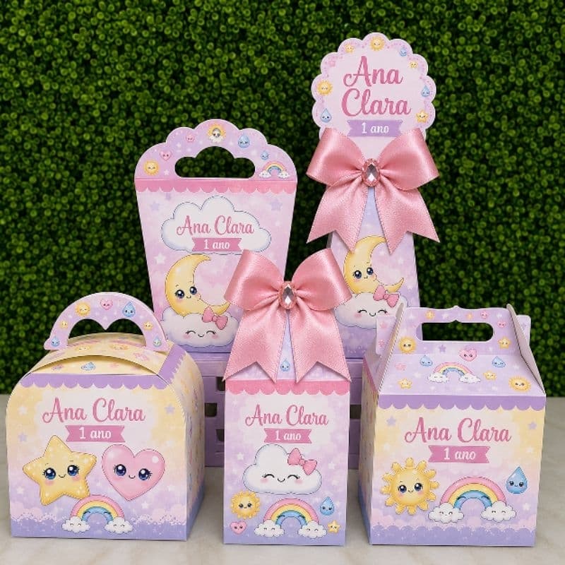 PEGUE E MONTE - Kit Festa Caixinhas Personalizadas| Tema Chuva de Bençãos Menina| Lembrancinhas Festa Infantil Menina
