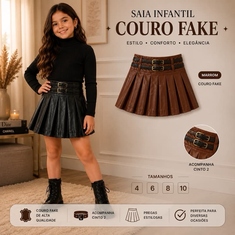 Saia Infantil Couro Fake Plissada Com 2 Cintos Moda Inverno 4 6 8 10 Anos