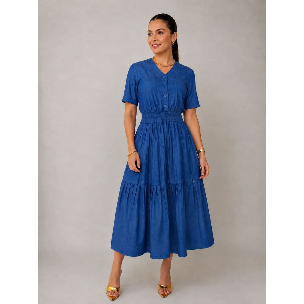 Vestido Jeans Midi Feminino Manga Curta com Botões Frontais Elástico na Cintura Moda Evangélica Casual do P ao GG