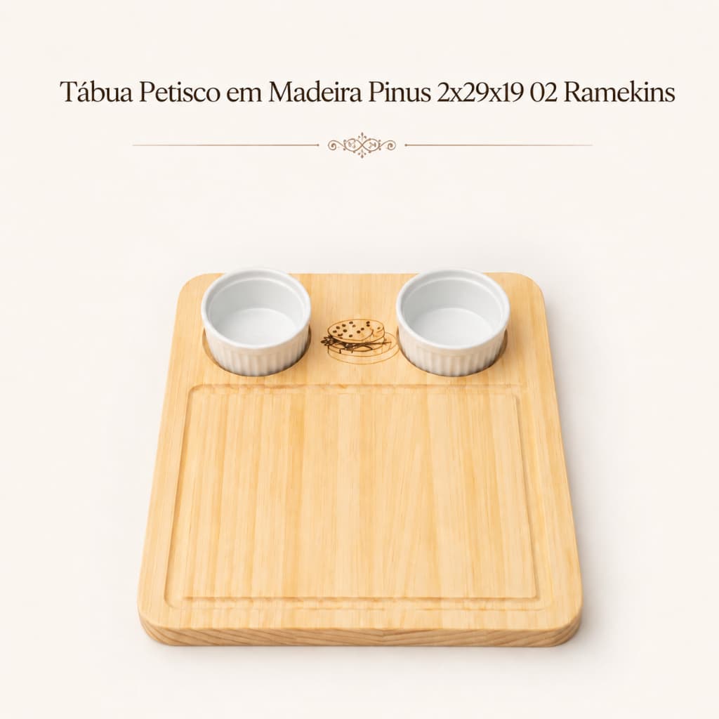 Tábua Petisco em Madeira Pinus 2x29x19 02 Ramekins Ideal para Servir Molhos Churrasco Petisco Porções