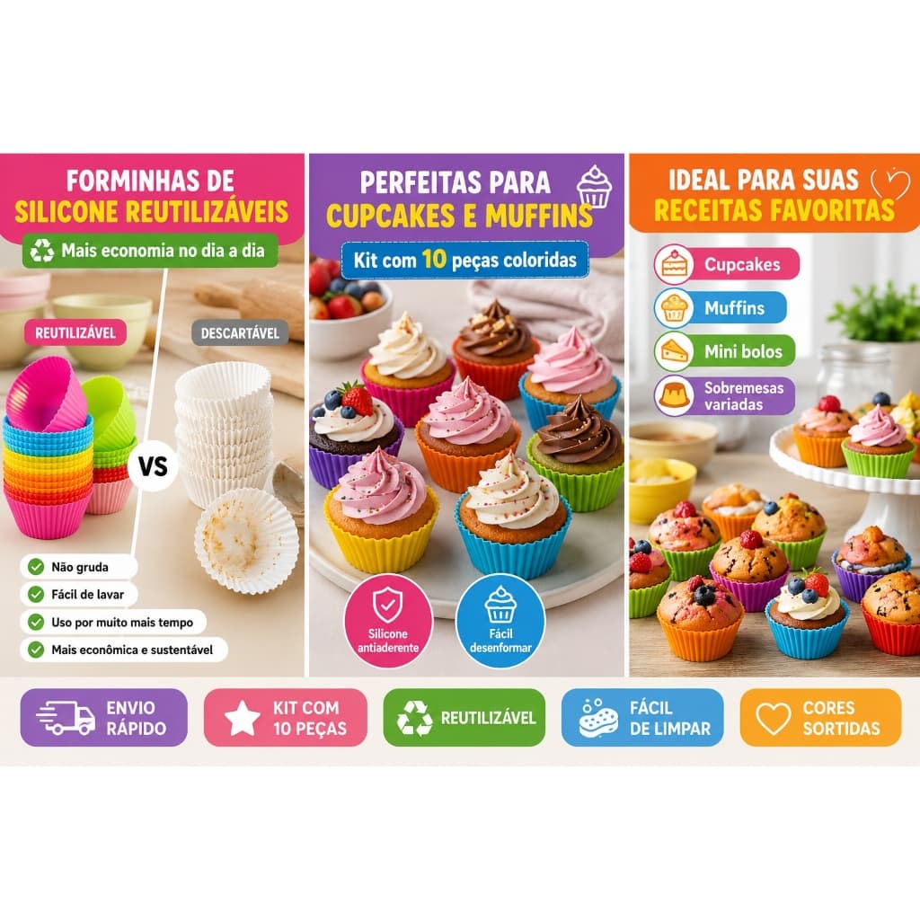 Kit 10 Formas de Silicone para Cupcake Muffin Reutilizáveis Antiaderentes Multicoloridas Fácil Limpeza