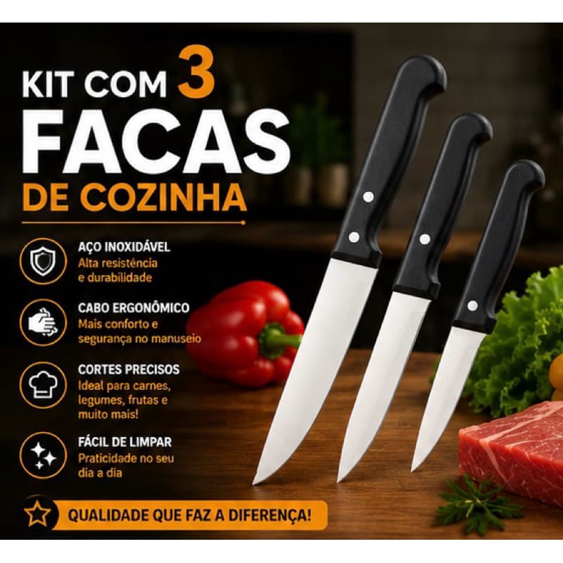 Kit com 3 Facas de Cozinha em Aço Inoxidável – Corte Preciso!