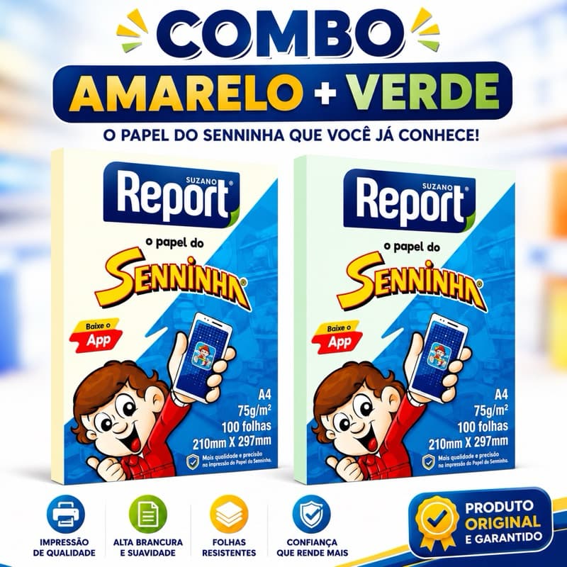 Combo 2 Cores Senninha Suzano – Papel A4 100 Folhas – Amarelo + Verde – Sulfite 75g Suzano Escolar Escritório