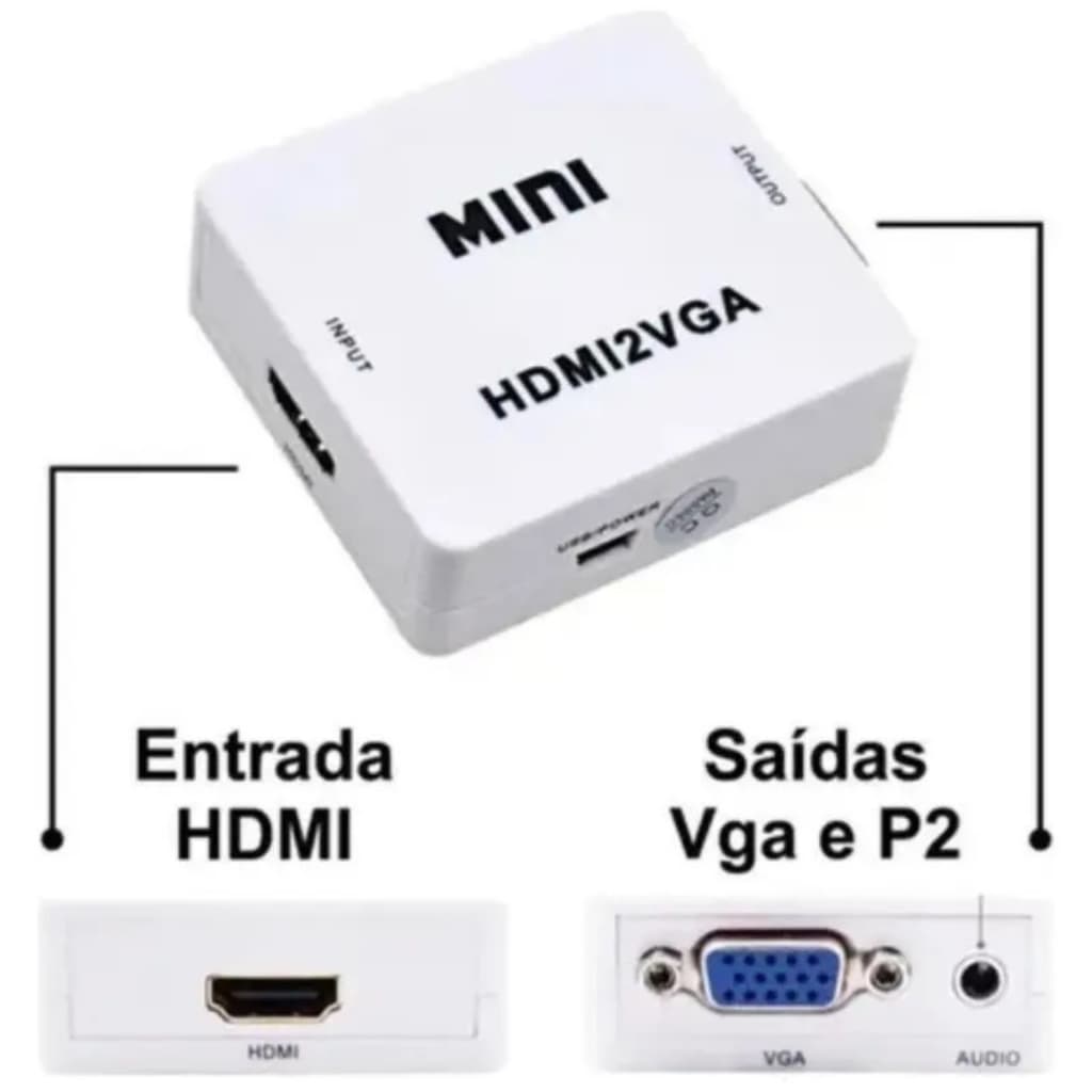 Conversor HDMI para VGA Full HD 1080p com Áudio P2 Adaptador Universal TV PC Projetor HDMI2VGA
