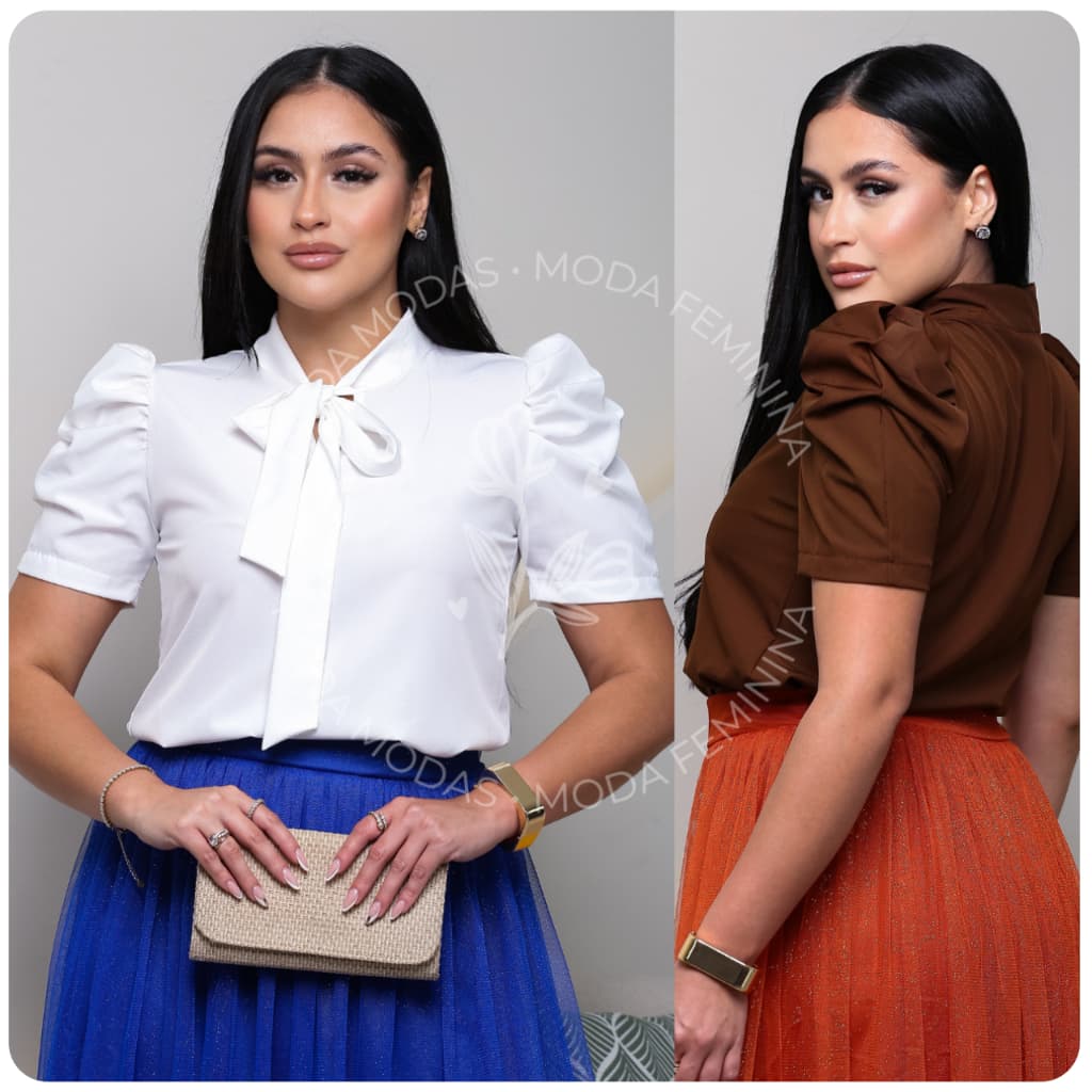 Blusa Feminina Social Manga Curta Bufante Princesa com Gravata laço lacinho Moda evangélica