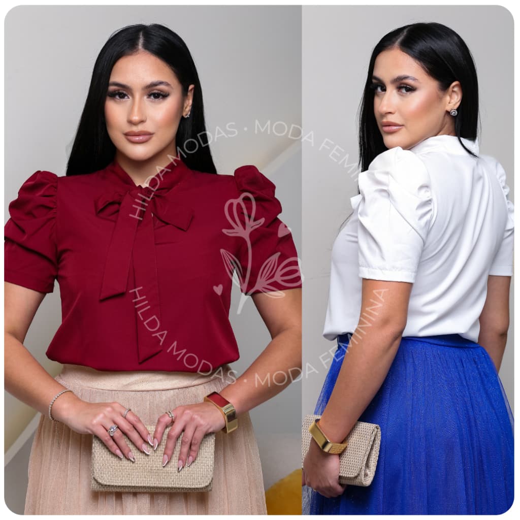 Blusa Feminina Social Manga Curta Bufante Princesa com Gravata laço lacinho Moda evangélica