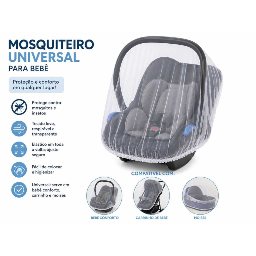 MOSQUITEIRO UNIVERSAL PARA CARRINHO DE BEBÊ, BEBÊ CONFORTO E CHIQUEIRINHO COM ELÁSTICO PORTÁTIL