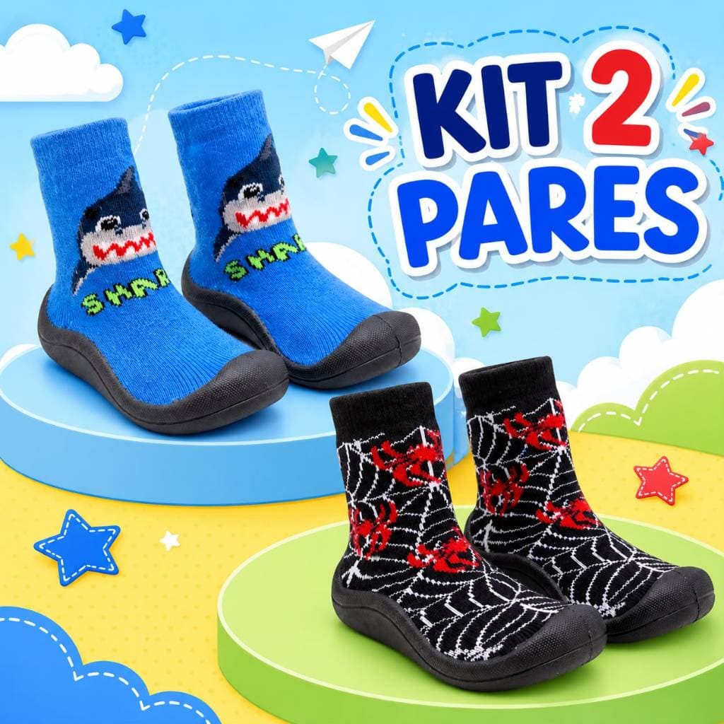 Kit 2 pares Tênis Meia infantil Solado Antiderrapante, flexivel e Super Confortável