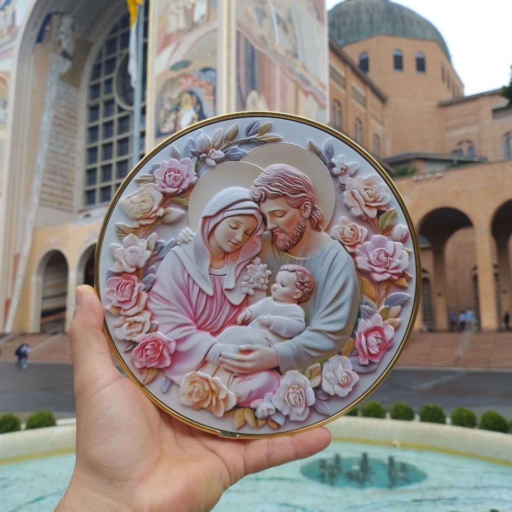 Prato De Porcelana Sagrada Família Mesa e Parede Item Decorativo Fé Proteção 20cm Para O Lar Luxo