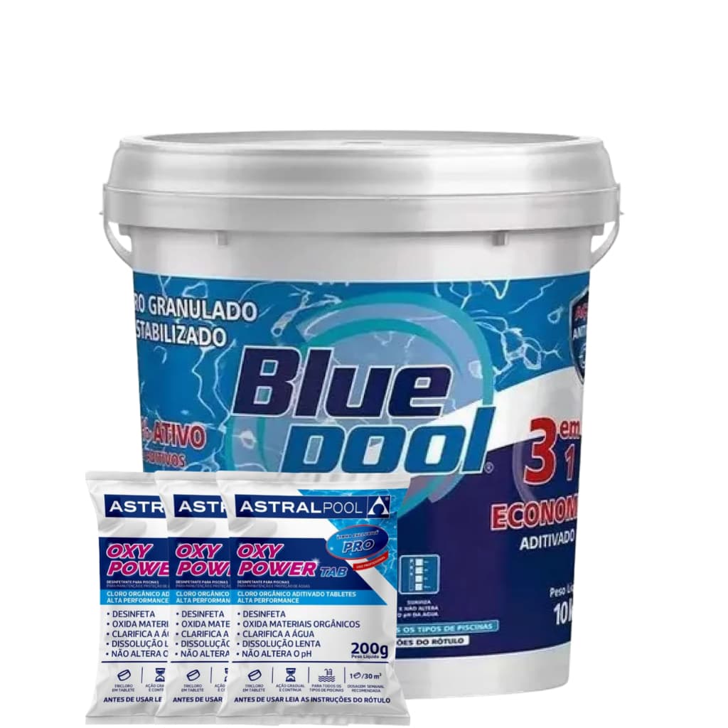 Cloro para Piscina Bluepool Balde 10Kg By Fluidra 3 em 1 + 03 Tablete de Cloro 200g Astral Pool