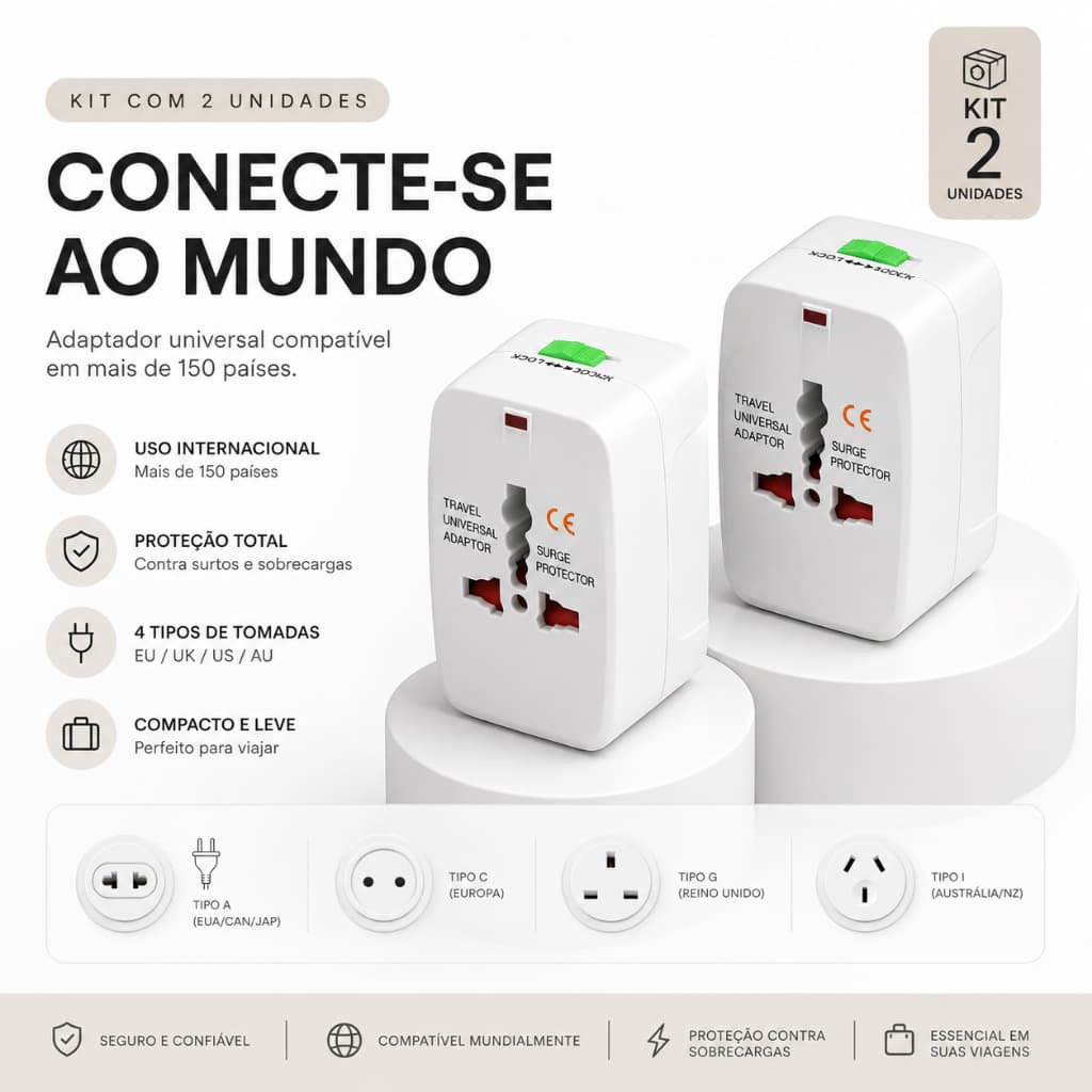 Kit 2 Adaptadores Universais de Tomada Internacional Viagem EUA Europa Reino Unido Austrália