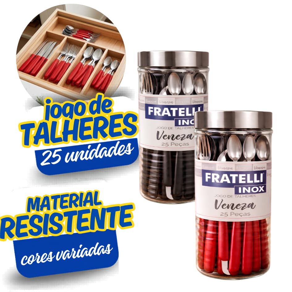 Jogo de Talheres Inox 25 Peças com Pote de Vidro Kit Completo Veneza Preto Vermelho Organizador