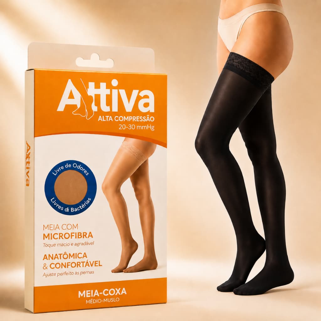Meia Coxa 7/8 Attiva Alta Compressão 20-30mmHg Cor preta Ponteira Fechada