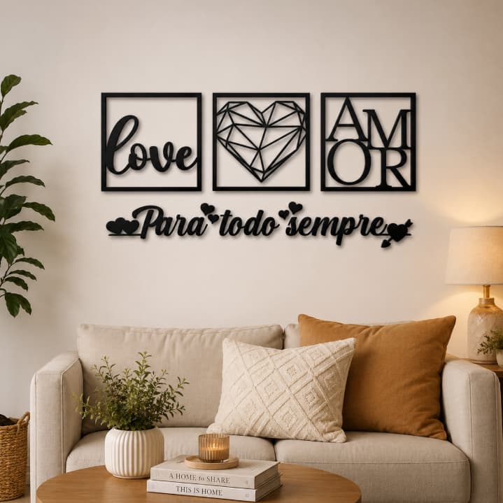 Kit 3 Quadros Decorativos e Frase Decorativa Para Todo Sempre MDF Decoração Parede 3mm Casa