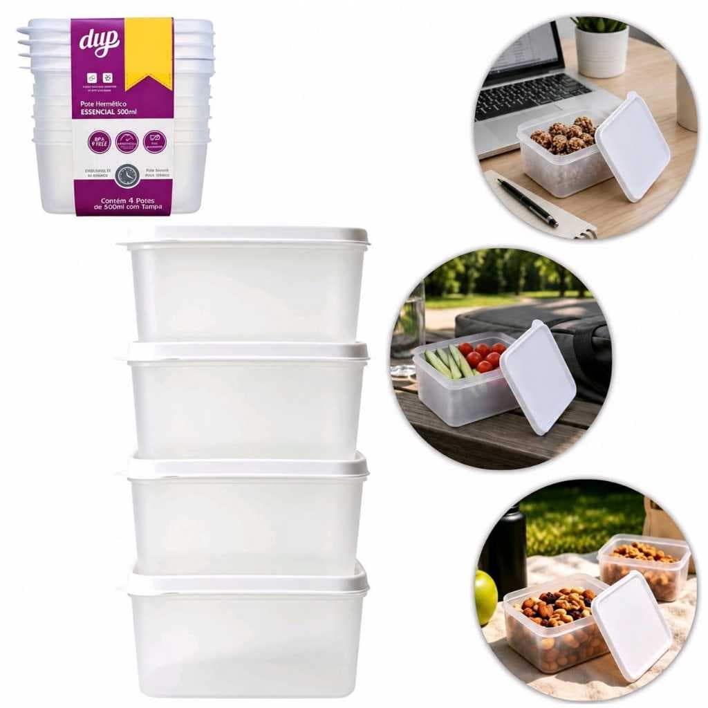 Kit 4 Potes Herméticos DUP Essencial 500ml Plástico BPA Free Marmita