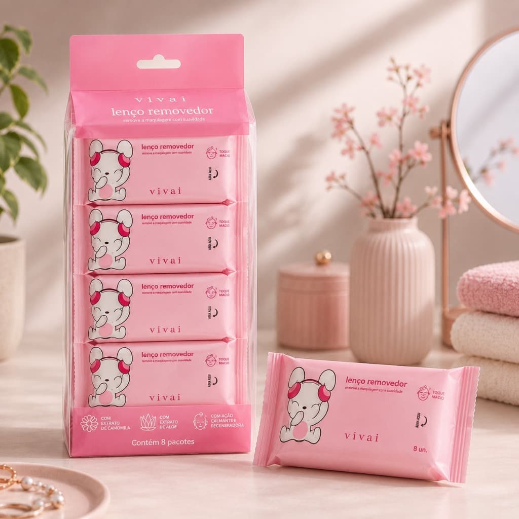 Kit com 8 16 ou 24 Lenço Removedor de Maquiagem Gatinho Vivai Demaquilante para bolsa Viagem