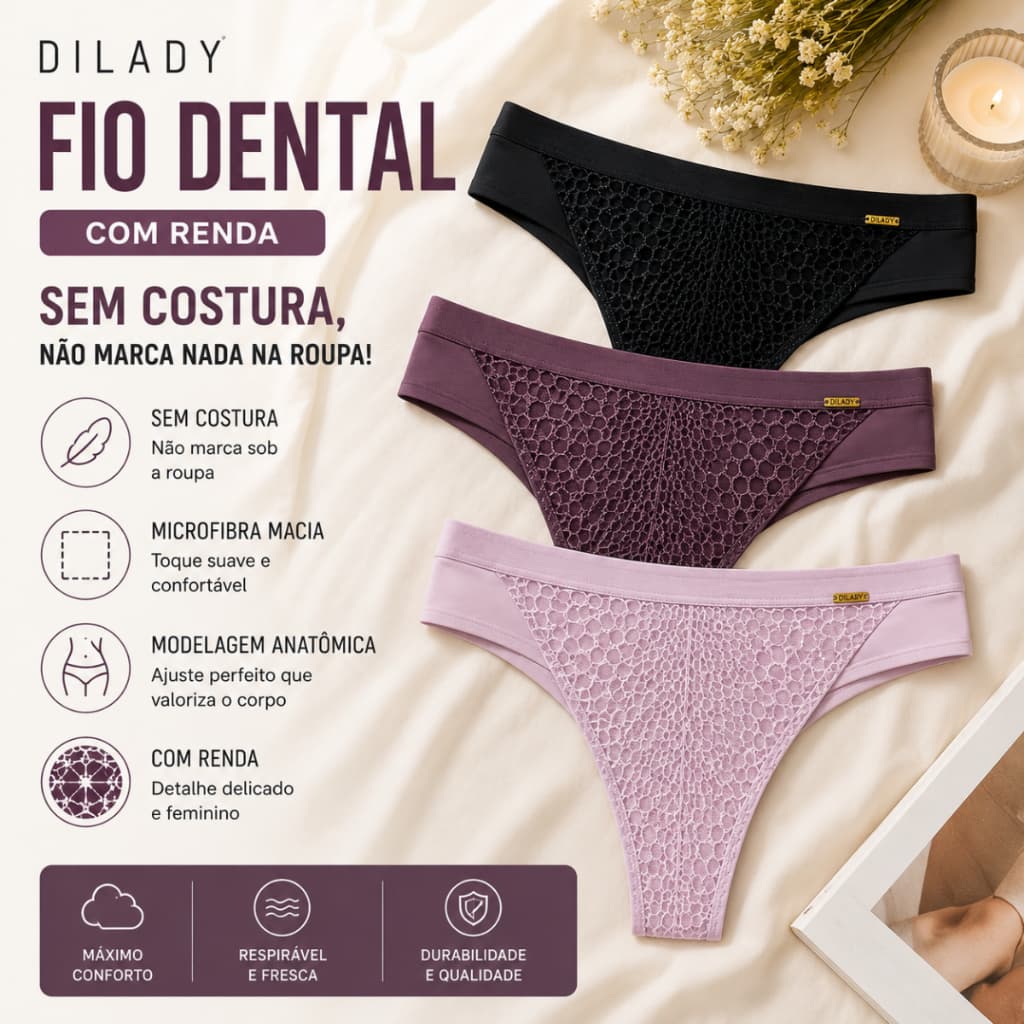 Calcinha Fio Dental Feminina Dilady Em Renda E Microfibra Sem Costura Anatômica Não Marca Macia