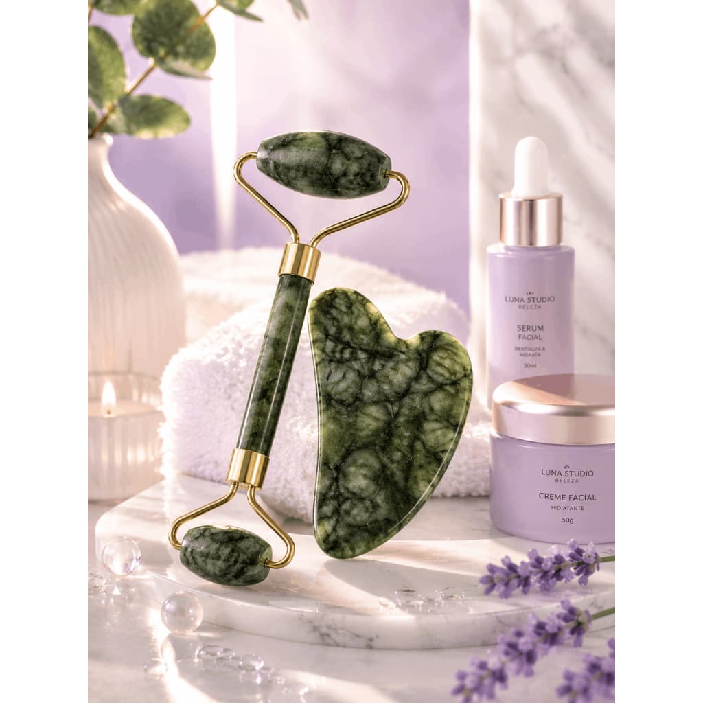 Kit Rolo Facial de Jade + Gua Sha Original Massageador Facial Anti Rugas Skincare