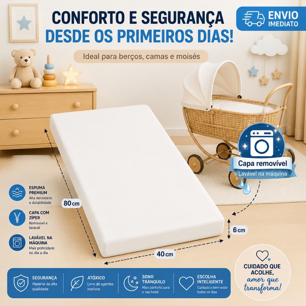 Colchão para Moisés Mini Berço Espuma D18 80x40cm 6cm Super Macio Capa Removível Lavável