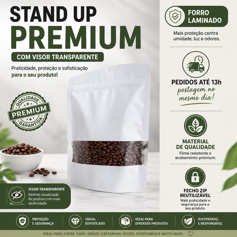 Saco Stand Up Pouch  Zip Visor 16X24cm Branco Fosco c/ Furo  50un.
