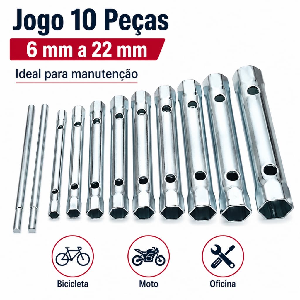 Conjunto de 10 chaves de tubo métricas de aço de 6 a 22 mm