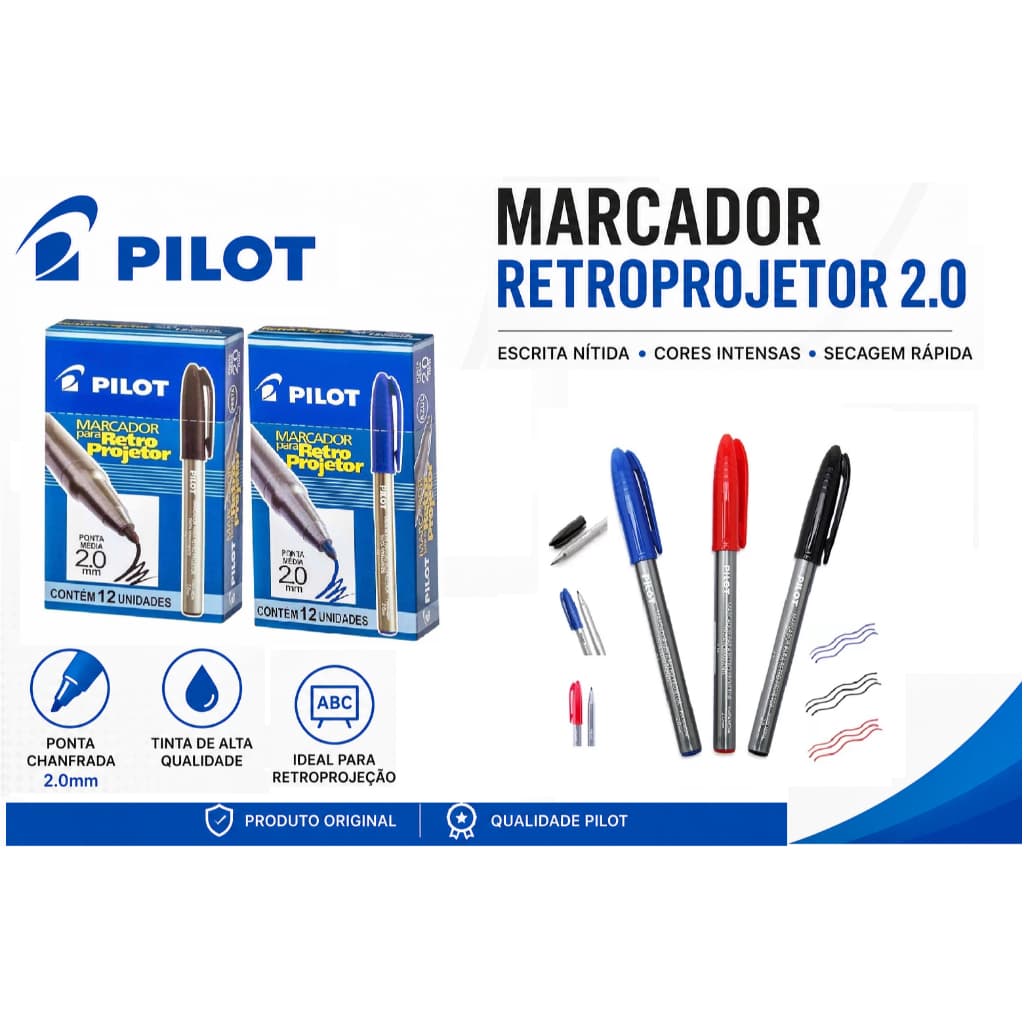 Kit Canetas Retroprojetor Pilot 2.0mm Permanente Azul Preto Vermelho Original