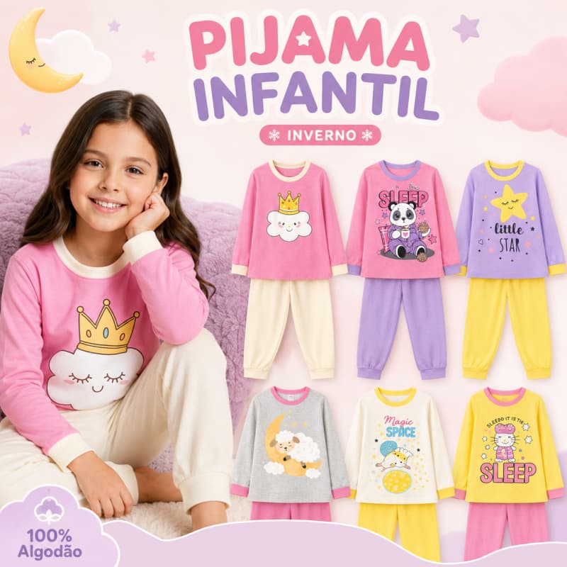 Conjunto Pijama Infantil Inverno Menina Comprido Roupa Dormir Bebe ao Juvenil Tamanho 1 ao 14 anos