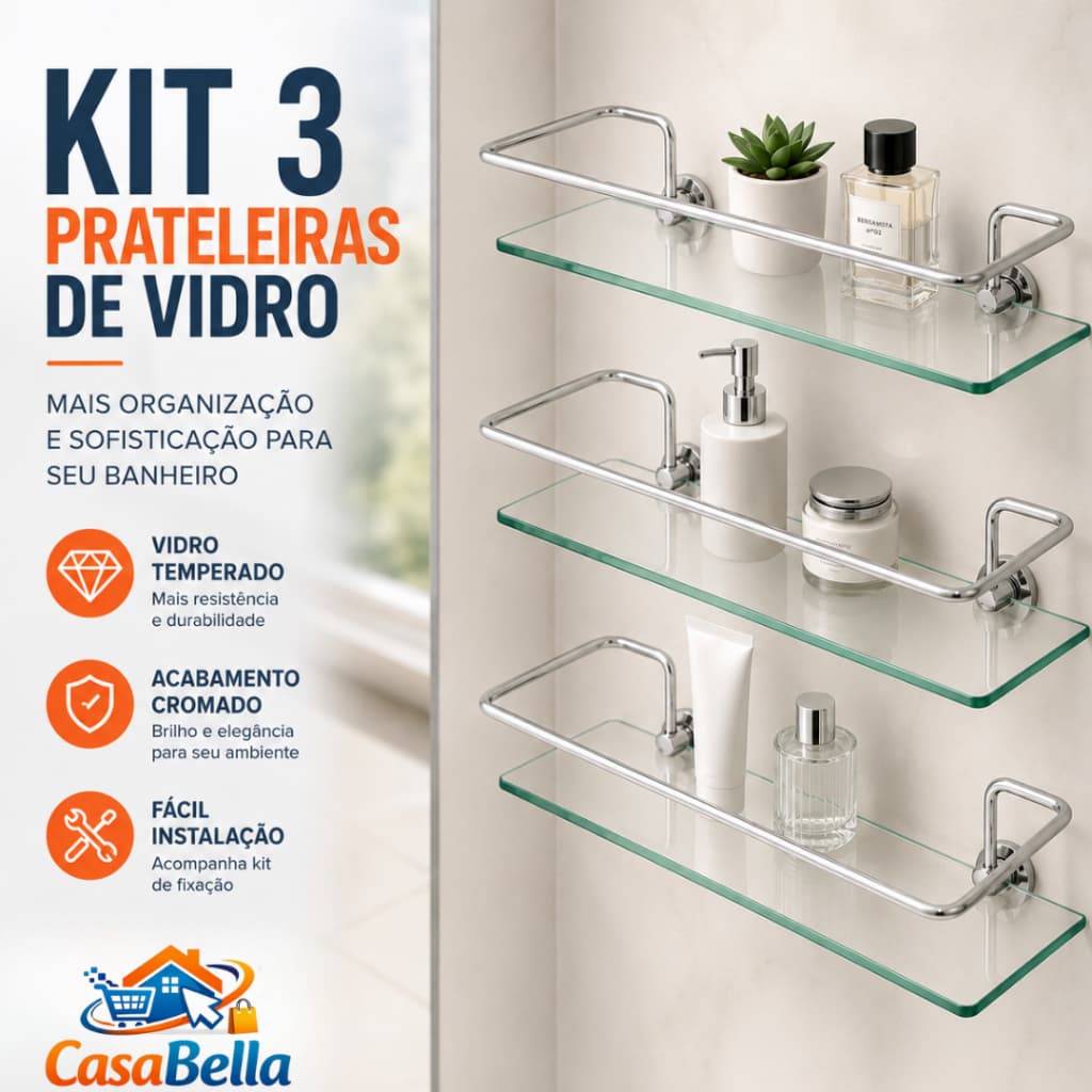 Kit com 3 Prateleiras Porta Shampoo Reto Vidro 30cm Para Banheiro Lavabo e Lavanderia