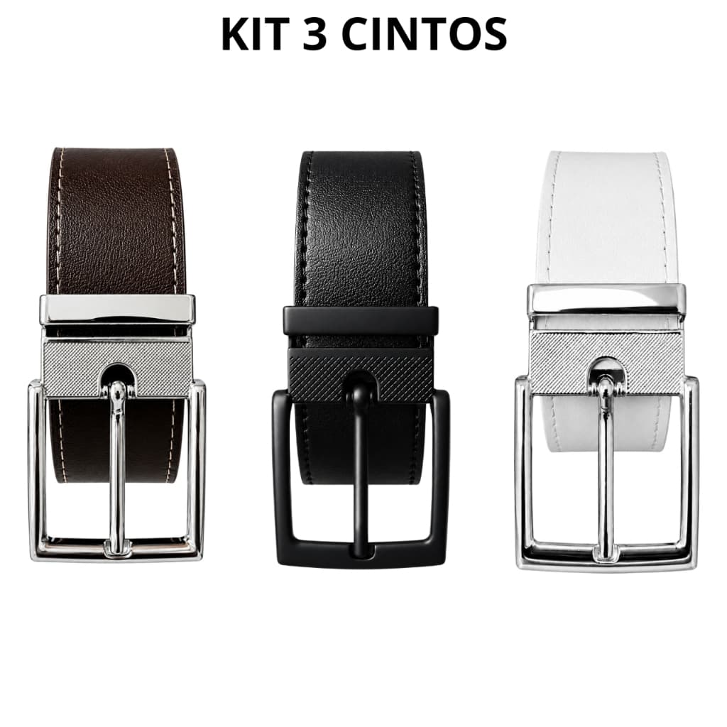 Kit 3 Cinto Masculino Social Preto Couro Regulavél Sintético Fivela de Metal Removível