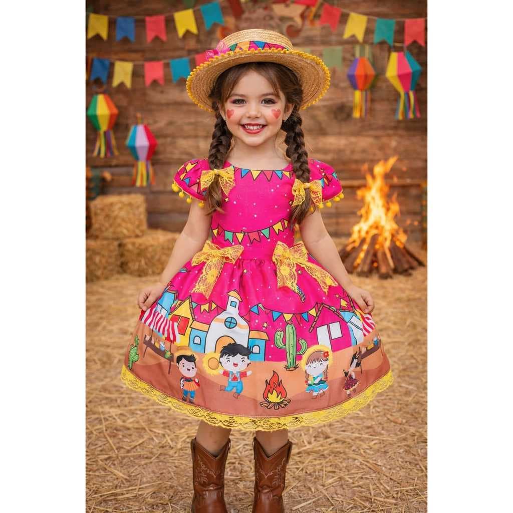 Vestido Festa Junina Infantil Luxo Menina Rosa  Roupa Caipira São João