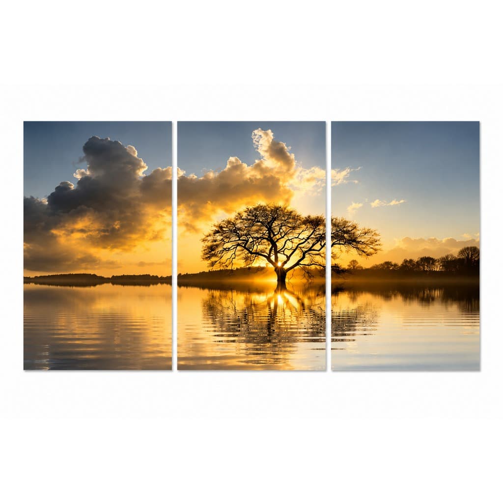 Kit 3 Quadros Decorativos Árvore da Vida Pôr do Sol Lago Natureza Paisagem Sala Escritório Moderno