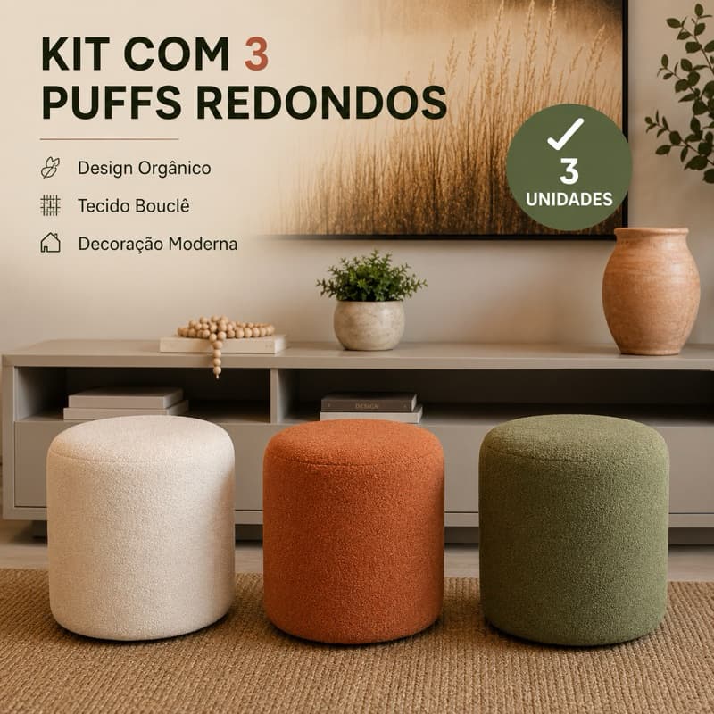 Kit 3 Puffs Redondos Decorativos Bouclê Premium Bege Claro Terracota Verde Sala Quarto Closet