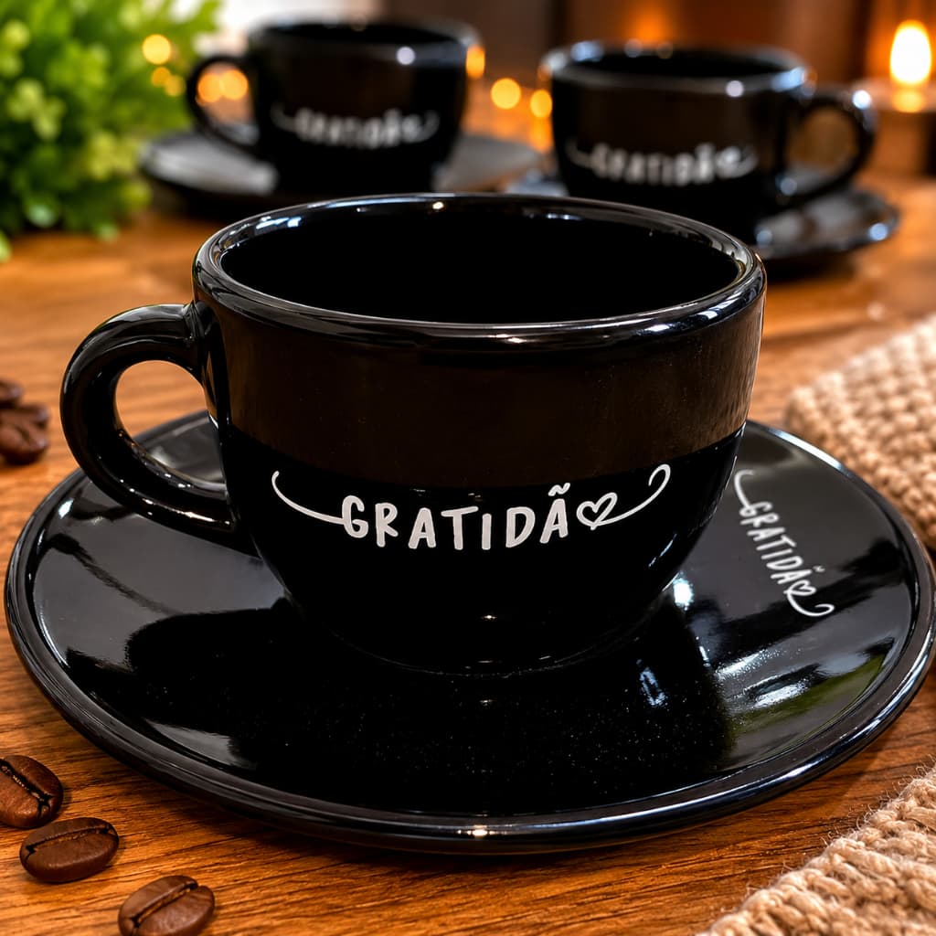 Kit 6 Xícaras de Café 150ml com 6 Pires Cerâmica Amor Fé Gratidão Decoradas