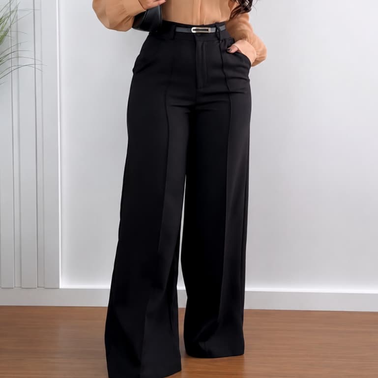 Calça Alfaiataria Pantalona Feminina Cinto Premium PROMOÇÃO Luxo Estilo Social