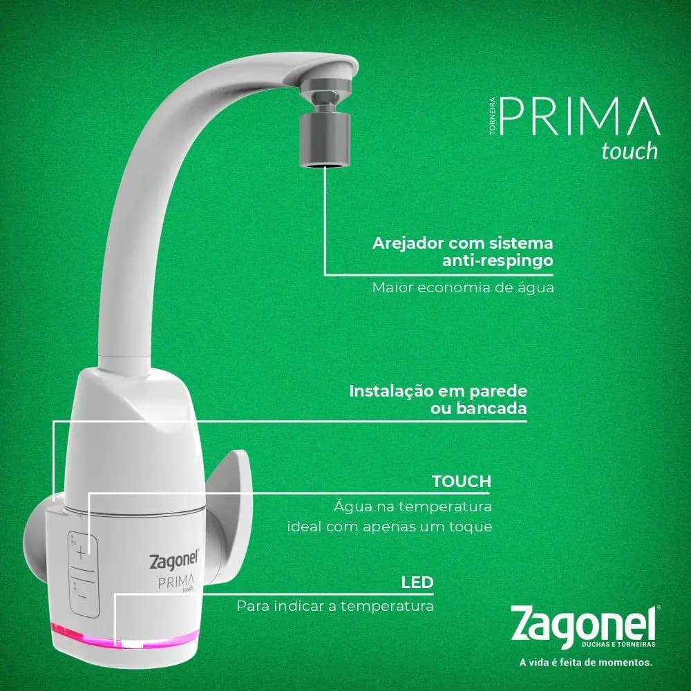 Torneira Elétrica ZAGONEL PRIMA TOUCH - 5500W 220V BRANCA