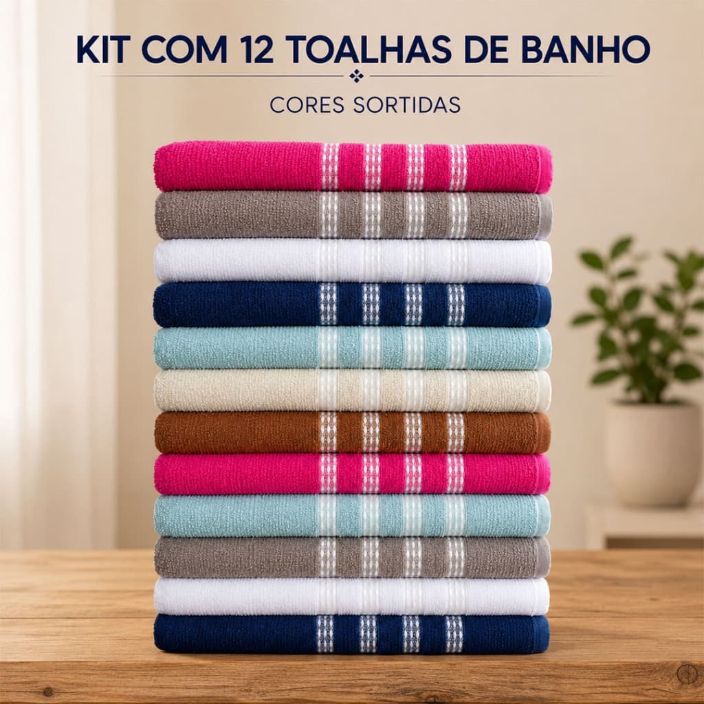 Jogo de Toalha de Banho 12 Unidades Sortidas 100% Algodão Felpuda Macia 120x60cm Kit Toalhas Peças