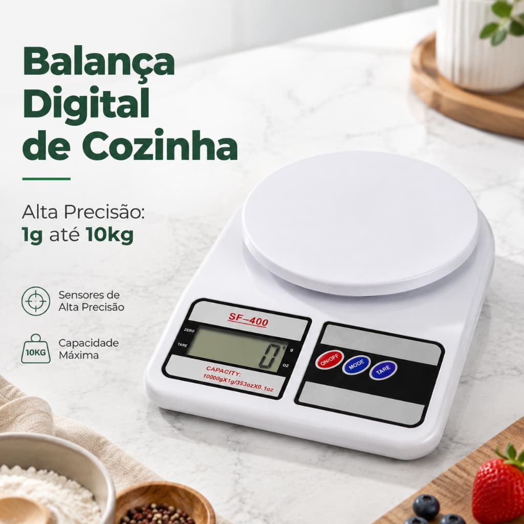 Balança Digital de Cozinha 10kg Alta Precisão Com Tara Dieta Fitness Receitas Confeitaria Nutrição Alimentos Portátil
