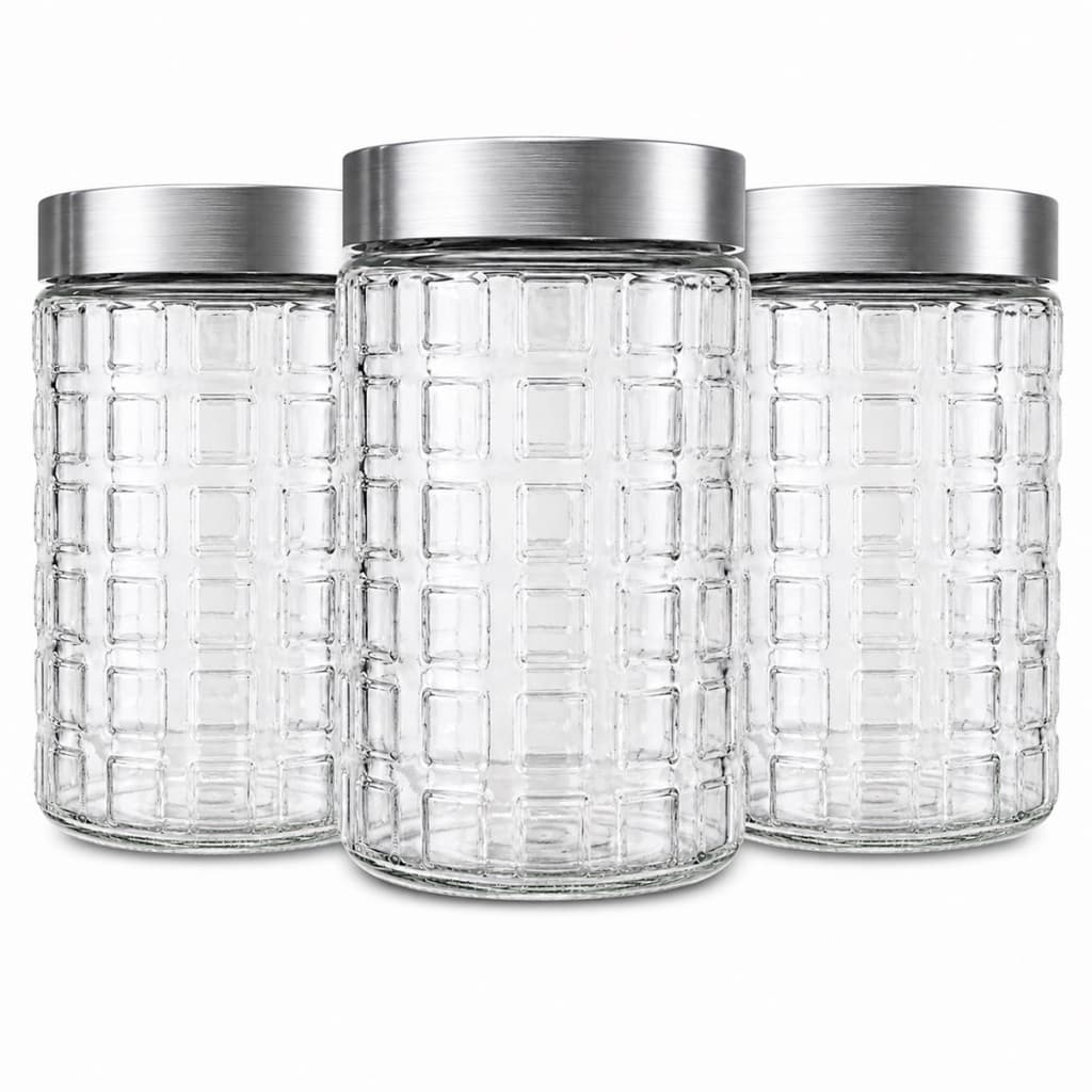 Kit 3 Pote De Vidro Trabalhado 1200ml Tampa Inox Mantimento Cozinha Potes Hermetico Tapuer Plastico