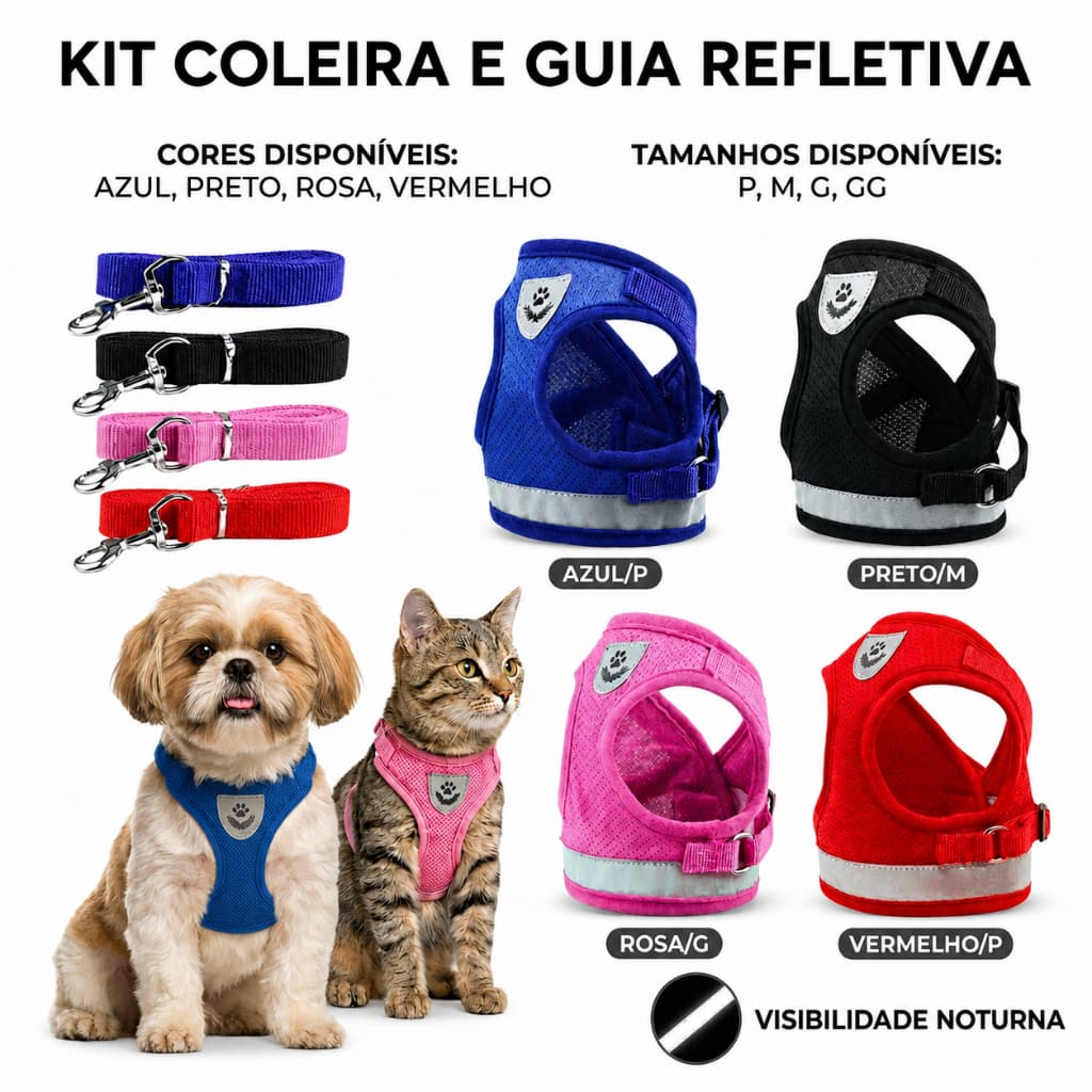 Coleira Pet Peitoral Refletível Com Guia para Cães Regulável Super Confortável para Cachorro