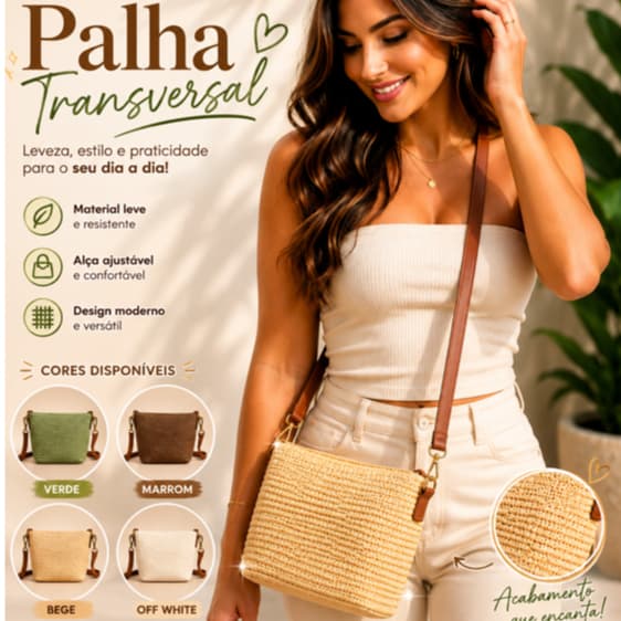 Bolsa Feminina de Palha 2 em 1 | Transversal + Carteira | Tendência + Envio Rápido