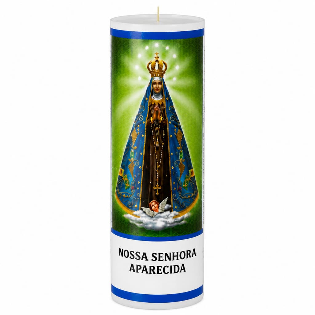 Vela Votiva de Nossa Senhora Aparecida, 7 Dias para Simpatia e Oração, Premium 15x5cm, 257g