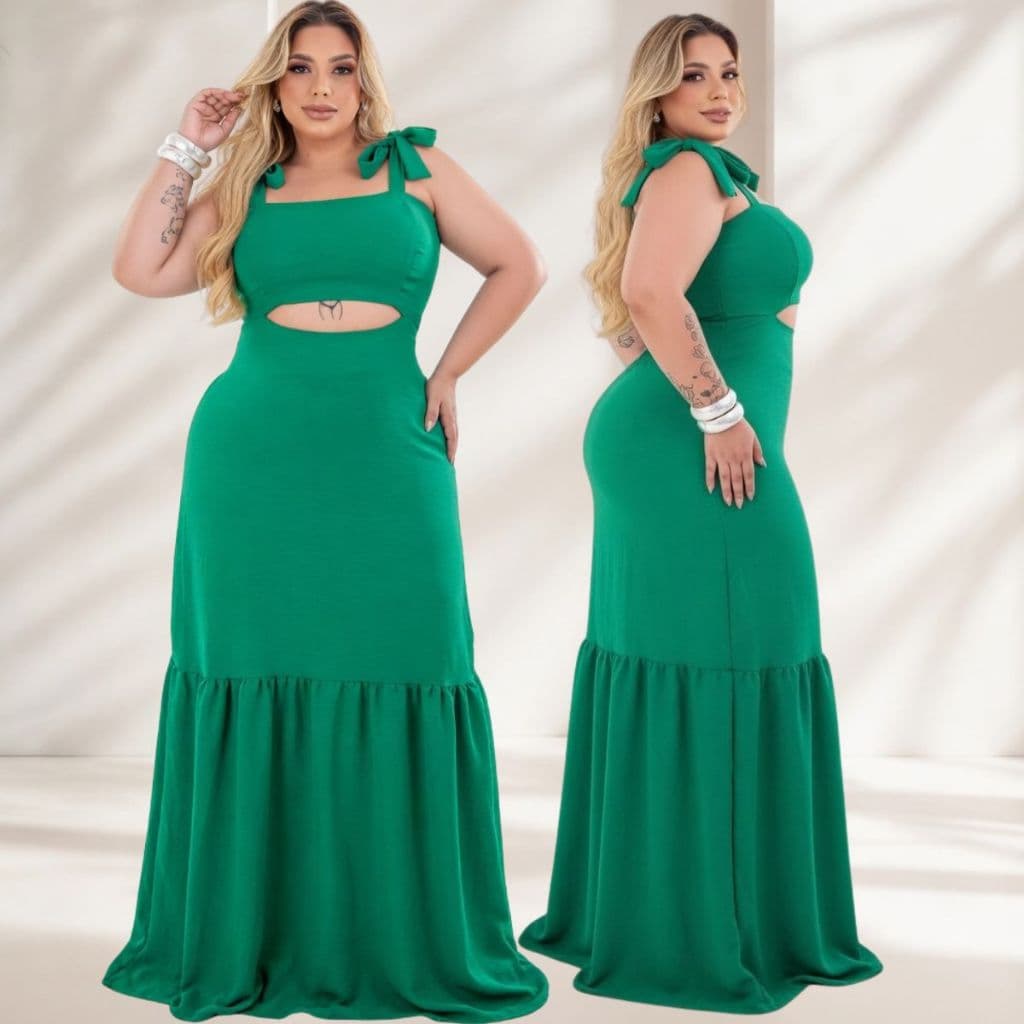 Vestido Plus Size Soltinho Recorte na Cintura Alça de Amarrar Lastex Nas Costas 1 Maria Moderno Casual e Elegante.