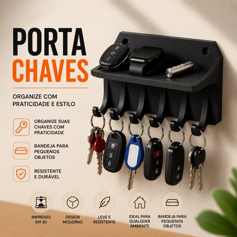 Porta Chaves de Parede com Bandeja Organizador 6 Ganchos Decoração Casa