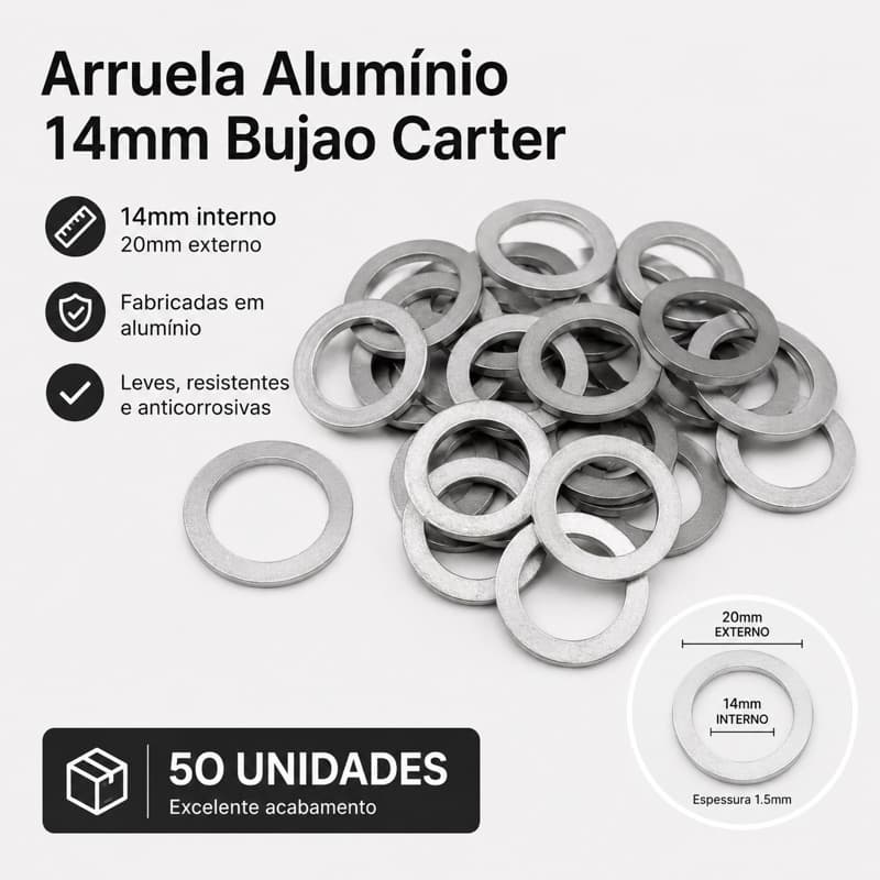 Arruela aluminio 14mm Bujao Carter - 50 unidades